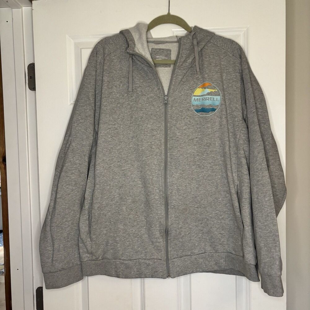 Men’s XXL Merrell Zip Up Hoodie, Heather Gray With Logo On Front & Back Soft